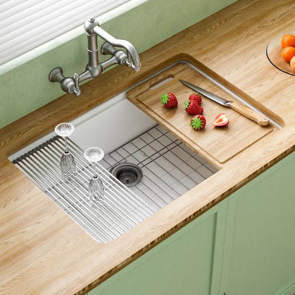 Jasmie Workstation Kitchen 33 in. Undermount Single Bowl White Fireclay Kitchen with Cutting Board Grid and Drain