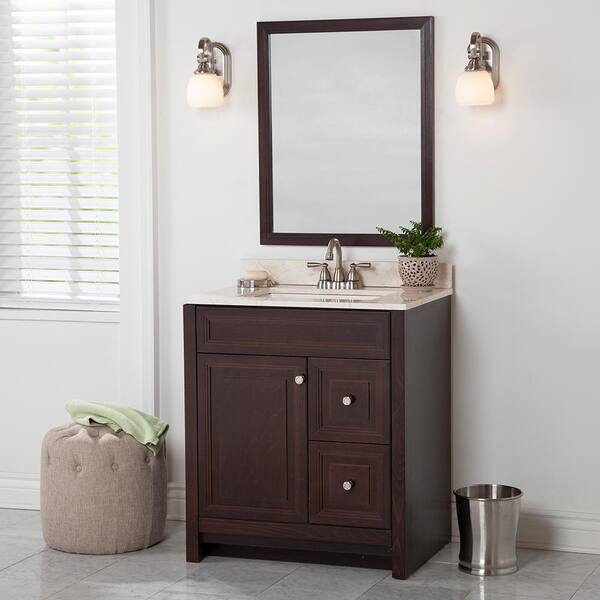 Home Decorators Collection Brinkhill 31 in. W x 22 in. D Bathroom Vanity in Chocolate with Stone Effect Vanity Top in Dune with White Sink