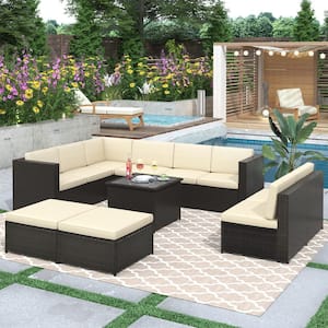 Outdoor Black 9-Piece Wicker Outdoor Patio Conversation Seating Set with Beige Cushions