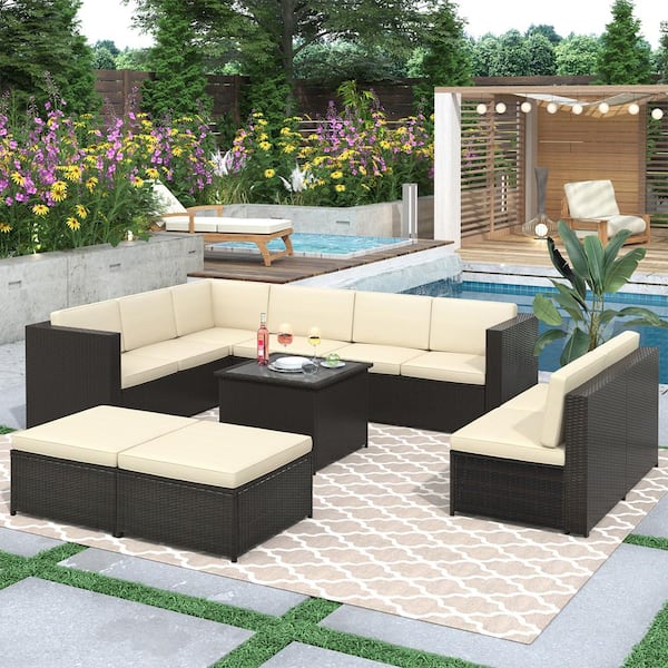 Wateday Outdoor Black 9-Piece Wicker Outdoor Patio Conversation Seating Set with Beige Cushions
