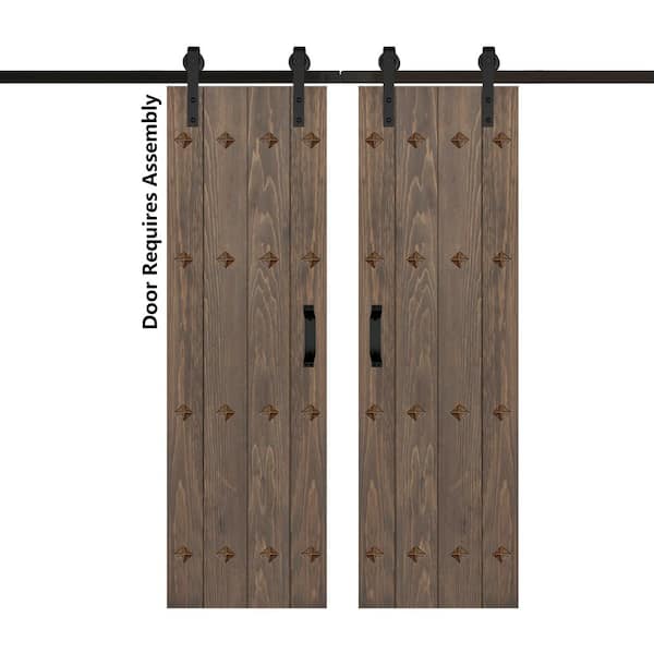 ISLIFE Mid-Century New Style 48 in. x 84 in. Smoky Gray Finished Solid Wood Double Sliding Barn Door with Hardware Kit