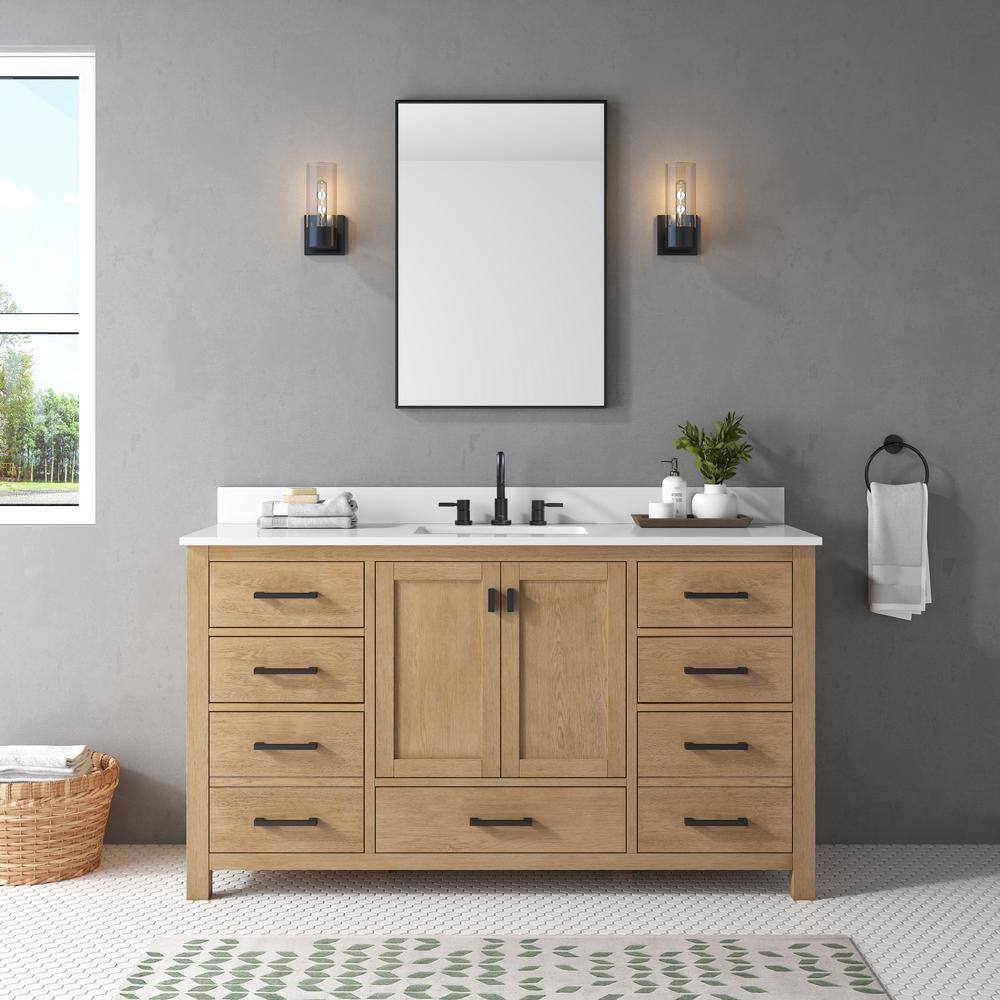 Modero 61-Inch Brushed Oak Single Vanity with White Stone Top
