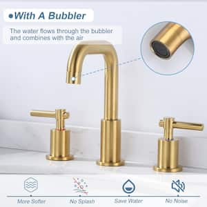 Brushed Gold 8 in. Widespread Double Handle High-Arc Bathroom Faucet with Pop-up Drain Kit