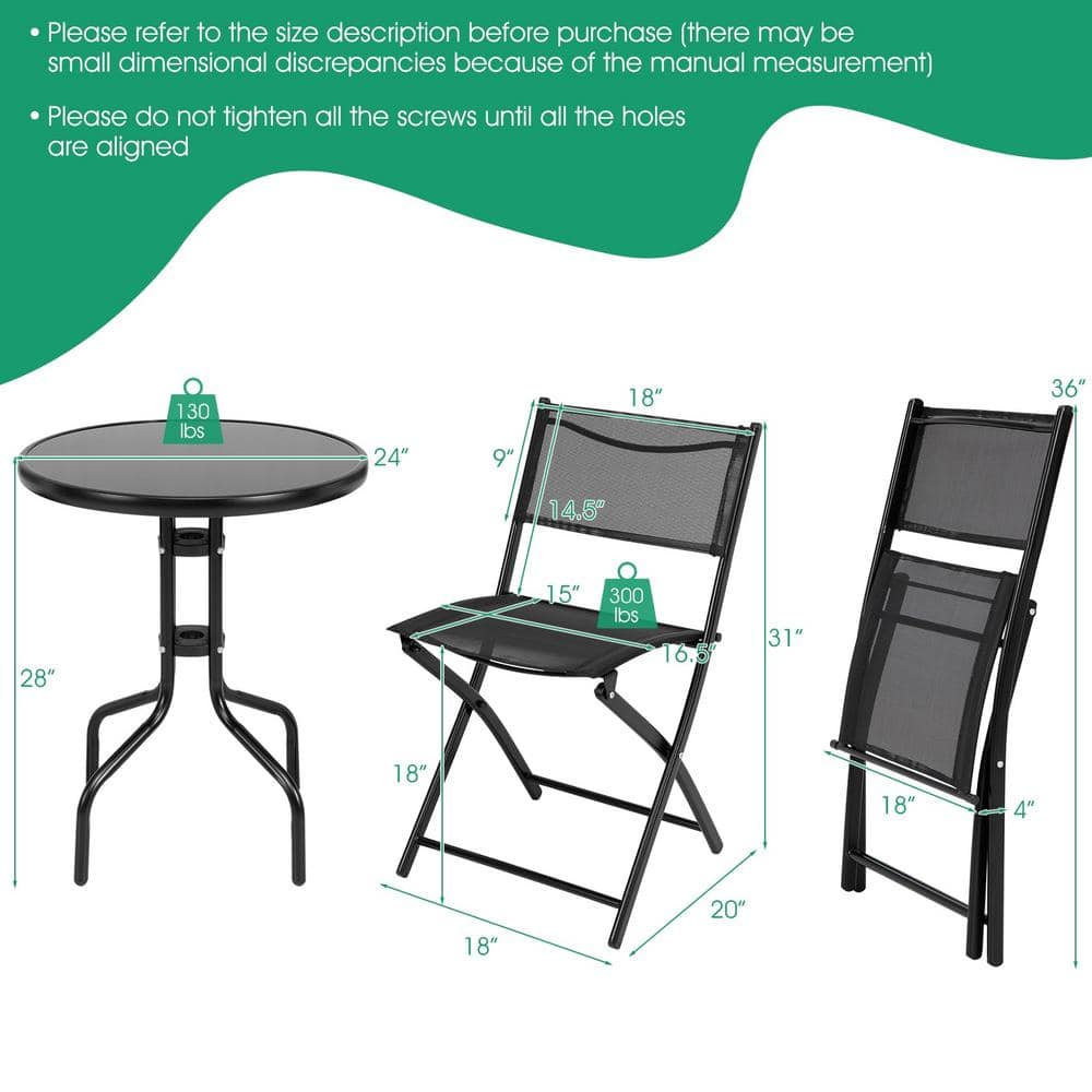 Black Metal Folding Bistro Set with Round Table and Armchairs