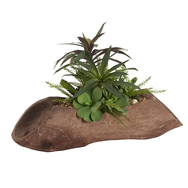 D&W Silks Indoor Artificial Yucca Heads, Echeveria, Heather Fern And Succulents In Wood Log
