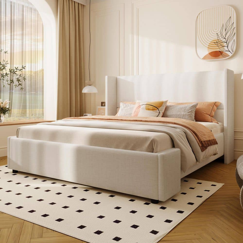 Elegant Modern White Fabric Upholstered Wood Frame King Size Platform Bed with Wingback Tall Headboard - thumbnail 8