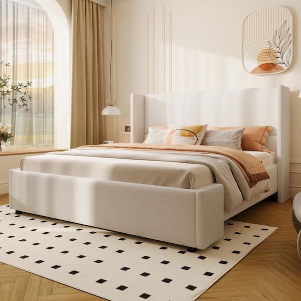 CHRISTOPHER KNIGHT HOME Elegant Modern White Fabric Upholstered Wood Frame King Size Platform Bed with Wingback Tall Headboard