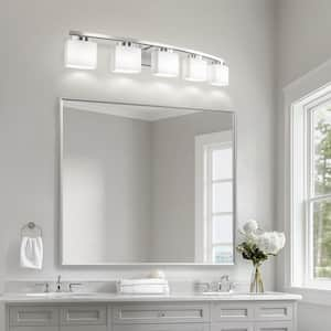 41 in. 5-Light Nickel Modern Square Vanity Light for Bathroom, Bedroom with Curved Arms and Milk White Glass Shades