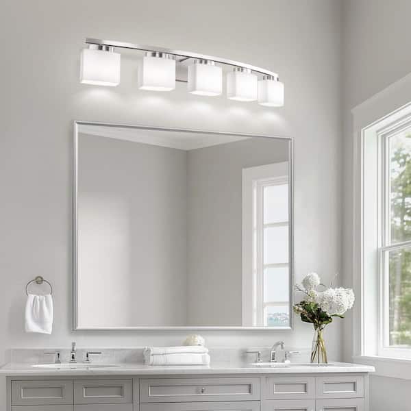 41 in. 5-Light Nickel Modern Square Vanity Light for Bathroom, Bedroom with Curved Arms and Milk White Glass Shades