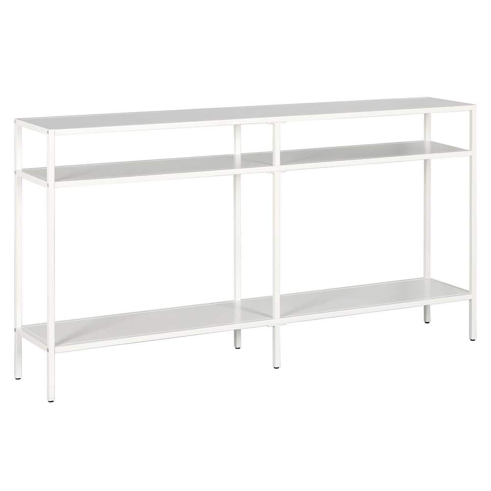 Modern Industrial Matte White Metal & Glass Console Table with Storage