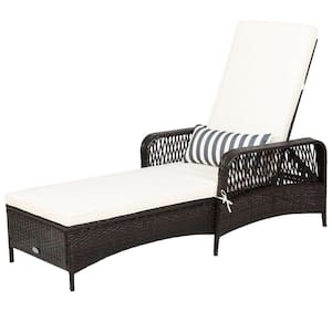 1-Piece Adjustable Wicker Outdoor Chaise Lounge with 1 Pillow White Cushion