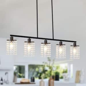 5-Light Black Rectangular Linear Chandelier with Crystal Shade for Dining Room Living Room