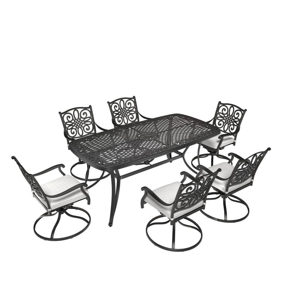 7-Piece Cast Aluminum Outdoor Dining Set with Rectangle Table Swivel Dining Chair with Gray Cushions