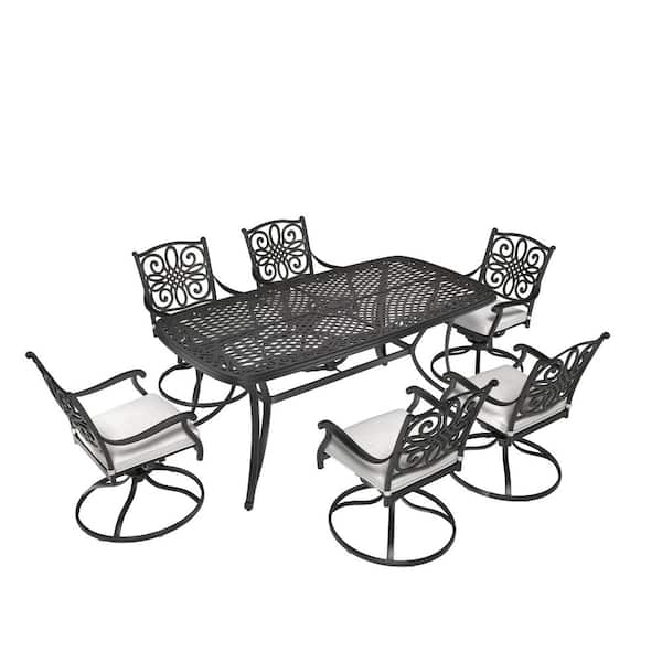 Regal Haven 7-Piece Cast Aluminum Outdoor Dining Set with Rectangle Table Swivel Dining Chair with Gray Cushions