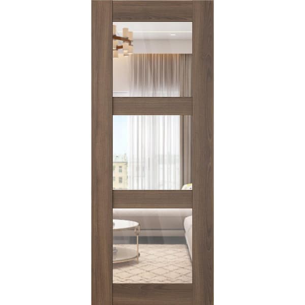 Vona 3 Lite 32 in. x 96 in. Pecan Nutwood 3-Lite Clear Glass Composite Solid Core Wood Interior Door Slab