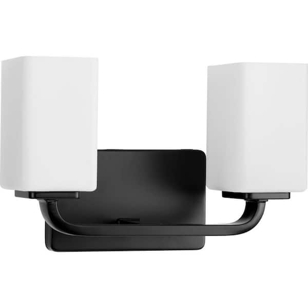 Progress Lighting Cowan 13.5 in. 2-Light Matte Black Vanity Light with Etched Glass Shades Modern for Bath and Vanity