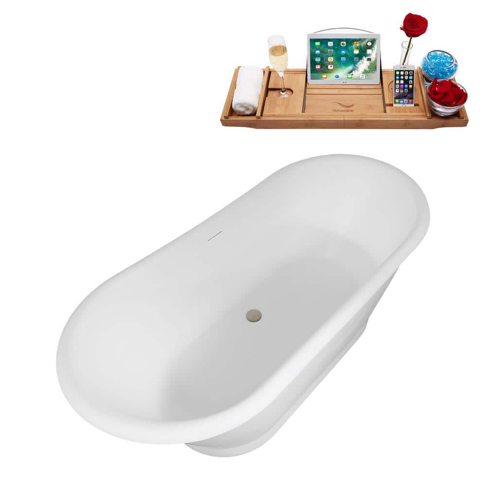 67" Matte White Acrylic Freestanding Soaking Tub with Brushed Nickel Trim
