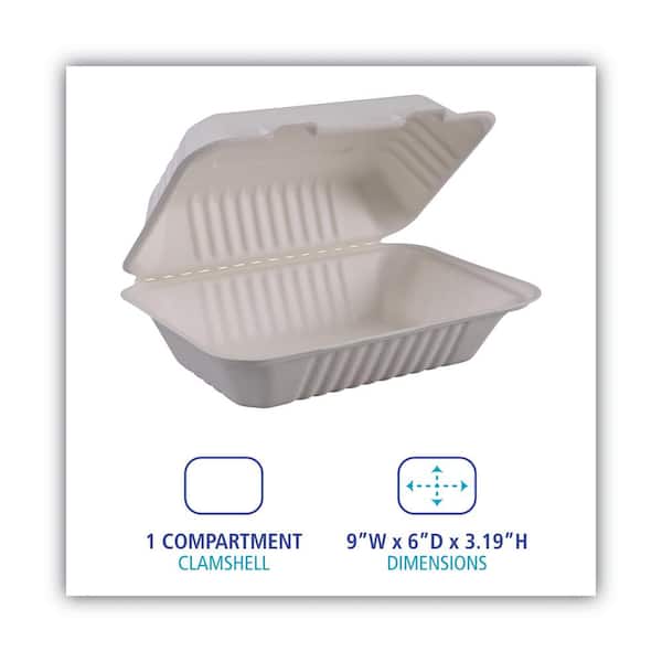Eco-Products Bagasse Hinged Clamshell Carryout Containers, 3 x 9 x 9,  White, Case Of 200