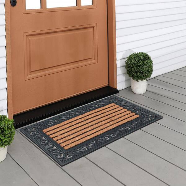 BirdRock Home Classic Welcome Brush Coir Doormat with Black Rubber Scroll  Border, 24 x 36 Inch - Elegant Design