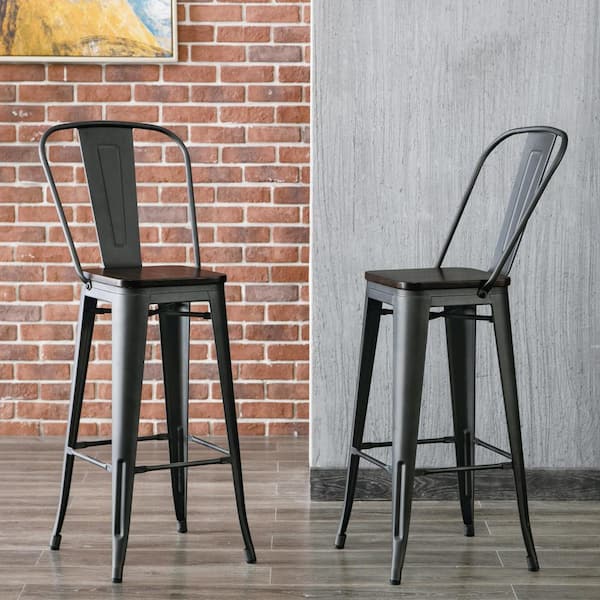 Ash 30 in. Rustic Pewter Wood Seat Bar Stool Set of 2