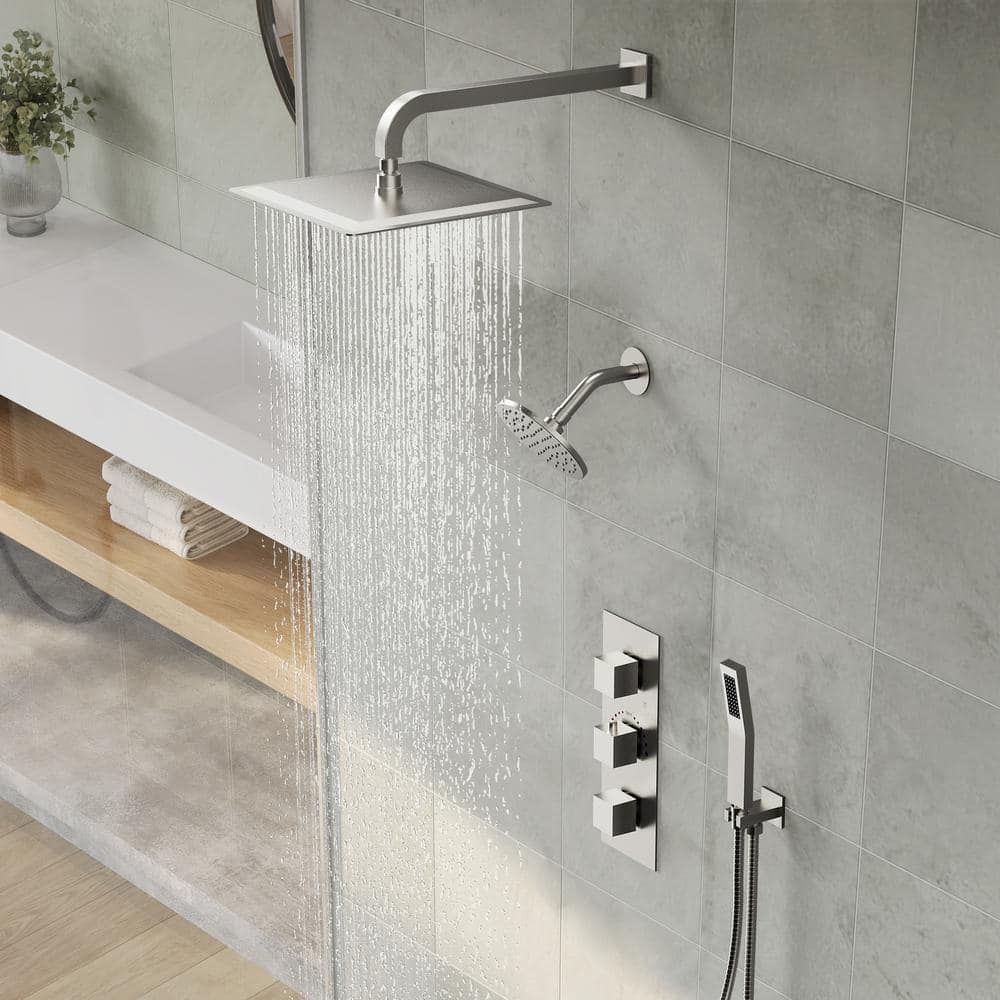 Brushed Nickel Dual Shower System with Handheld Spray and Thermostatic Valve