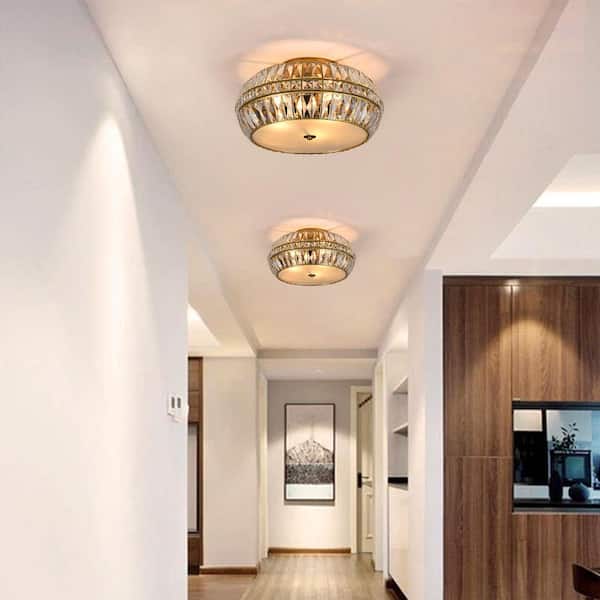 Modern 18.3 in. 3-Light Gold Drum Semi-Flush Mount Ceiling Light With Irregular Crystal Shade