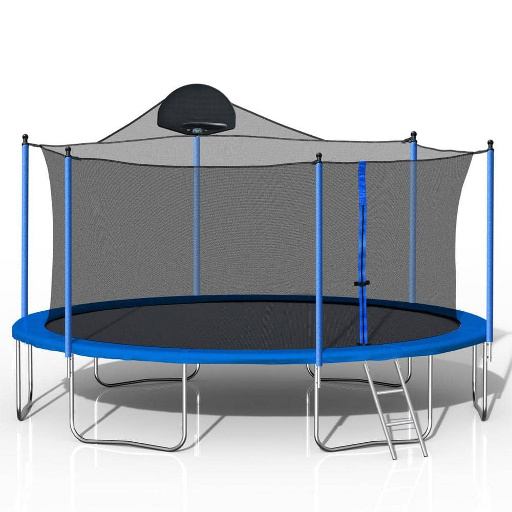 Miscool Anky 14 ft. Blue Metal Trampolines with Basketball Hoop, Ladder and Safety Enclosure Net