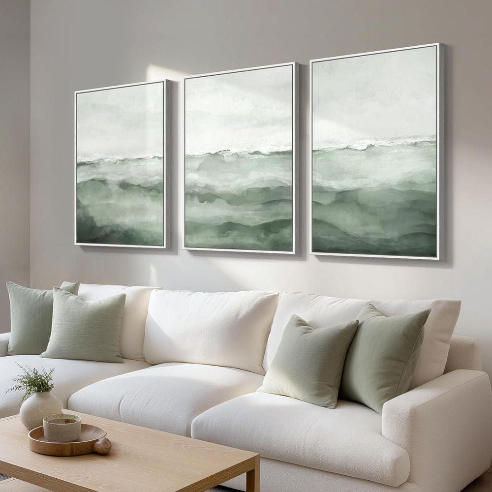 3 Piece Large Framed Sage Green Abstract Landscape Wall Art Poster
