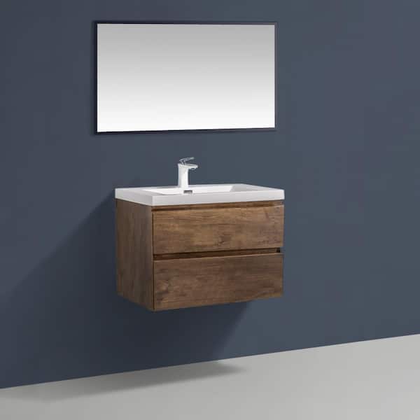 24 in. W x 19 in. D x 20 in. H Wall-Mounted Bath Vanity in Rose Wood with White Glossy Resin Top