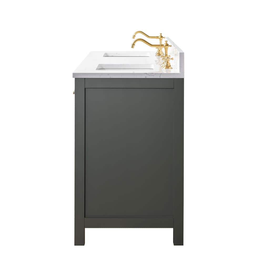 Vintage Green Double Vanity with Carrara White Top and Brushed Bronze Hardware