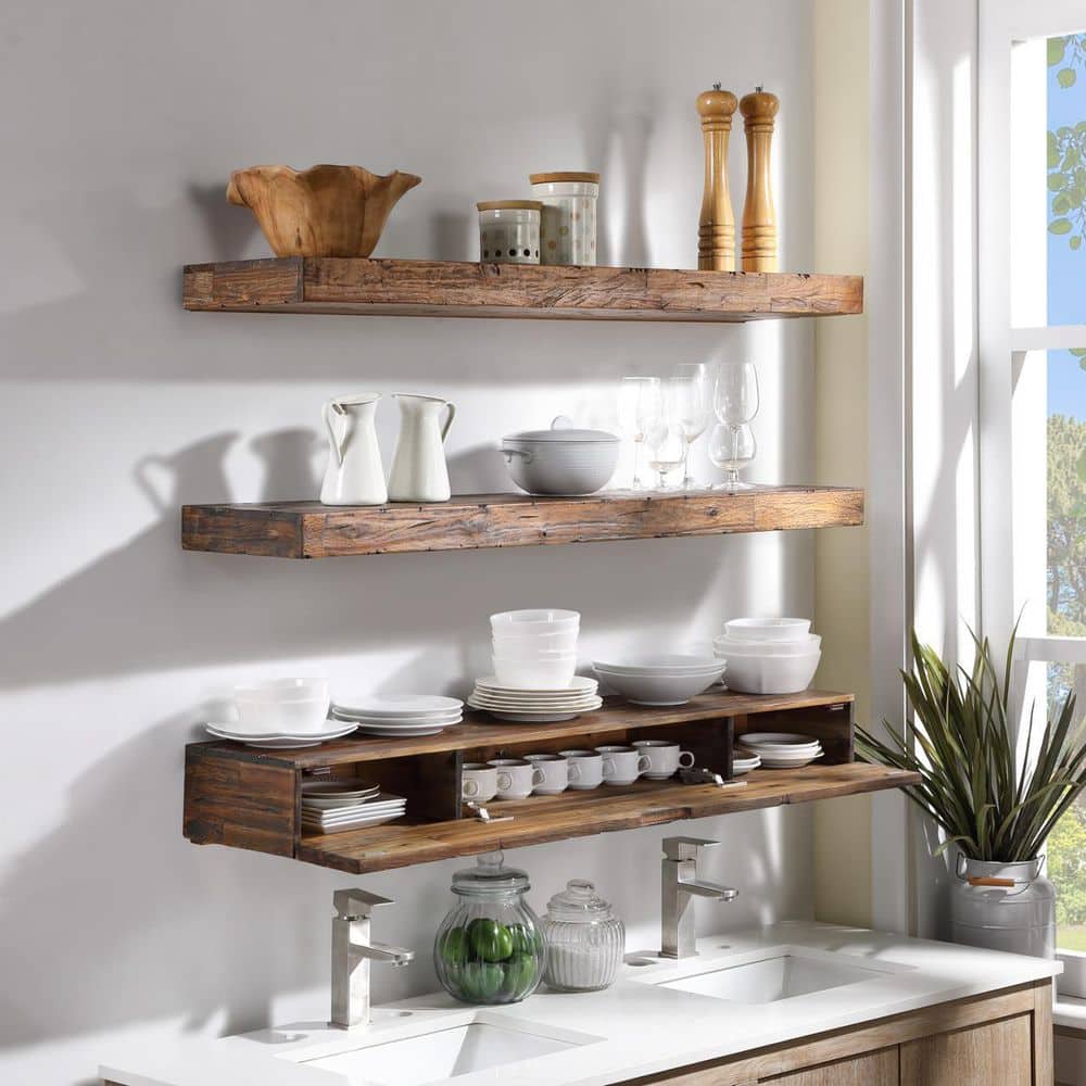 Distressed Dark Brown Acacia Wood 3-Tier Floating Shelves with Hidden Storage
