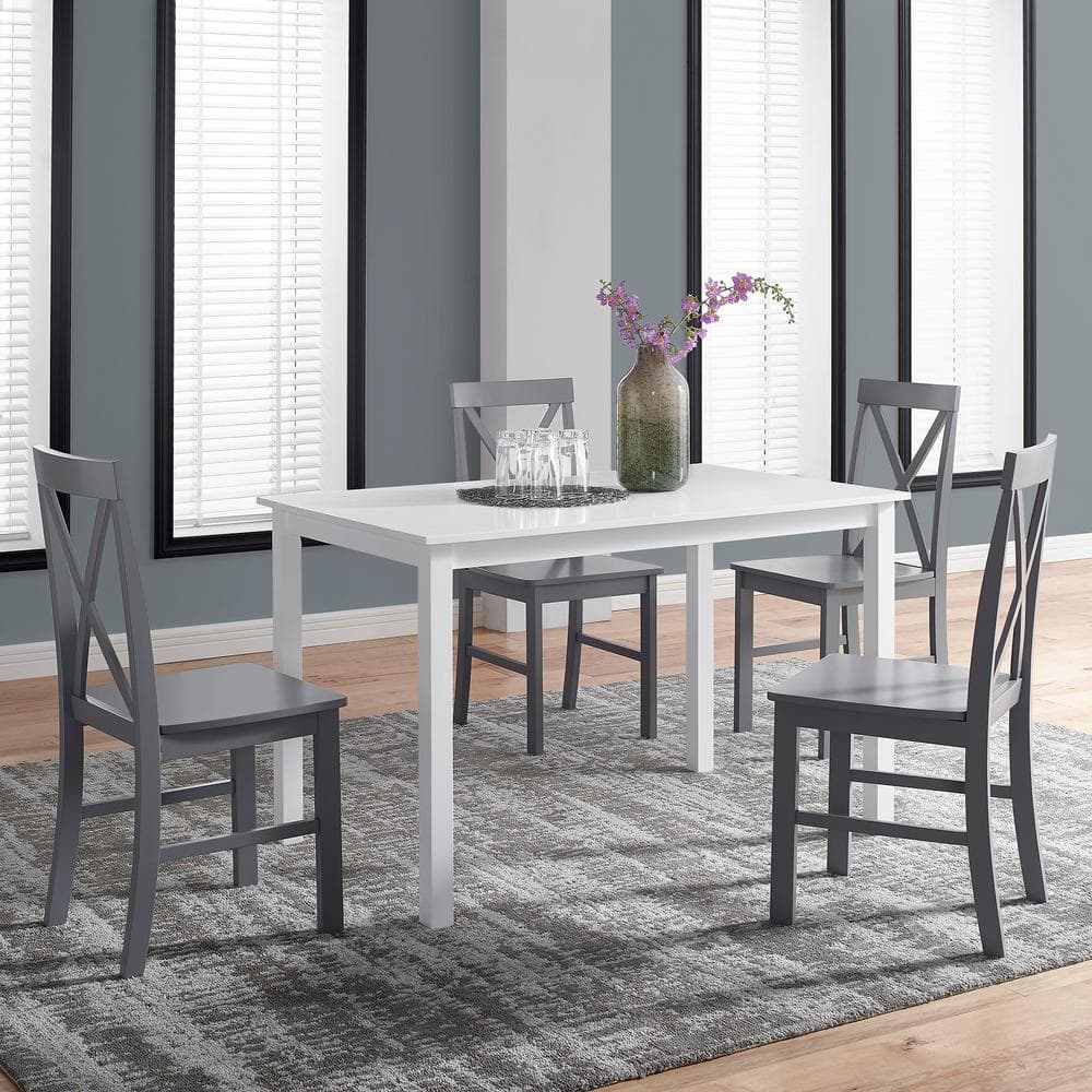Welwick Designs 5 Piece White And Grey Solid Wood Farmhouse Dining Set Hd8093 The Home Depot