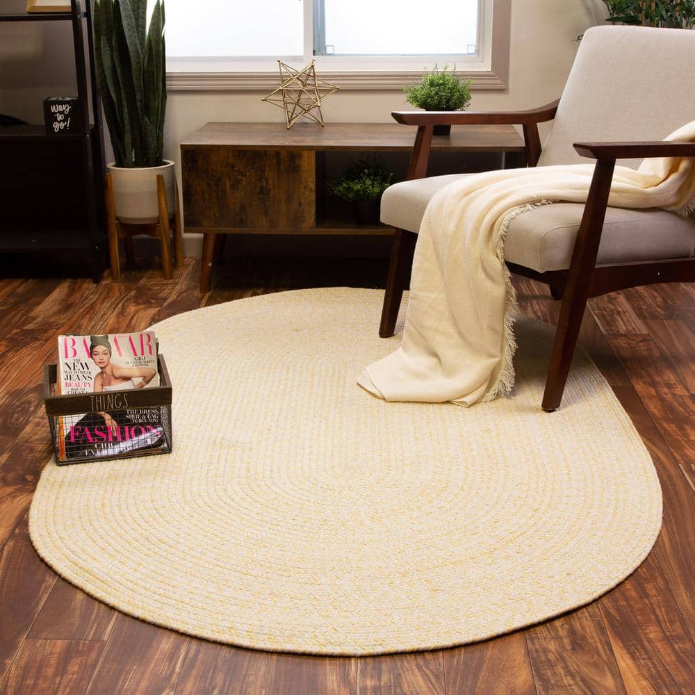 Handmade Yellow and White Oval Braided Cotton Rug 4' x 6'
