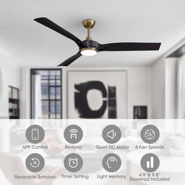60 in. Indoor Smart Black Gold Standard Ceiling Fan with Dimmable LED Light and Remote Industrial Large Ceiling Fans