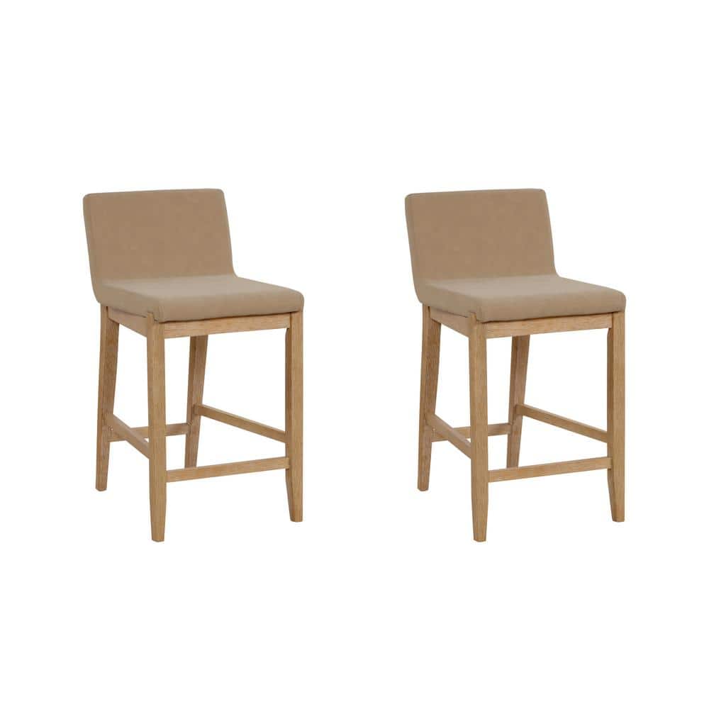 Gracie Light Brown Wood Counter Height Bar Stools with Upholstered Seats, Set of 2