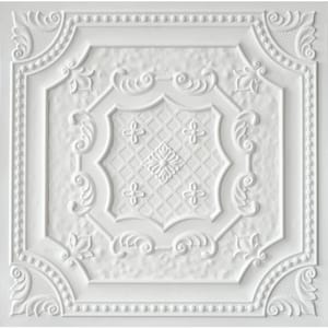 Elizabethan Shield White Matte 2 ft. x 2 ft. Decorative PVC Glue Up Ceiling Tile (40 sq. ft./case)
