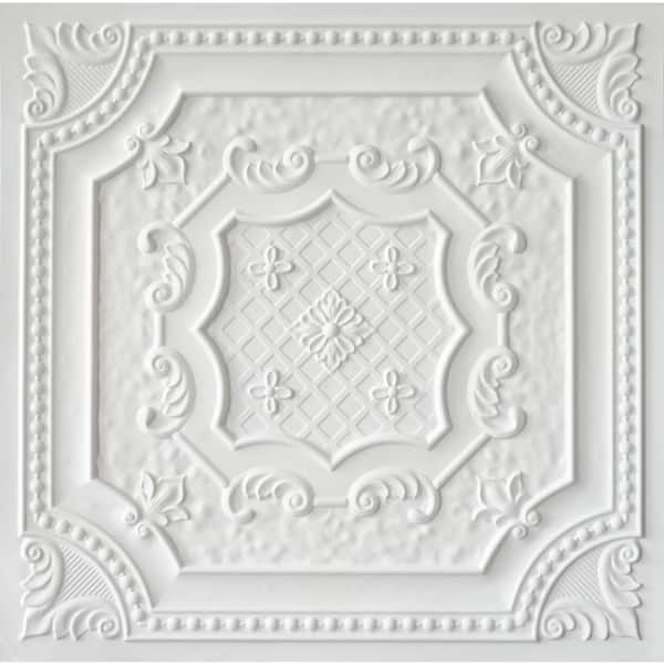 FROM PLAIN TO BEAUTIFUL IN HOURS Elizabethan Shield 2 ft. x 2 ft. Glue Up PVC Faux Tin Ceiling Tile in White Matte (100 sq. ft./case)