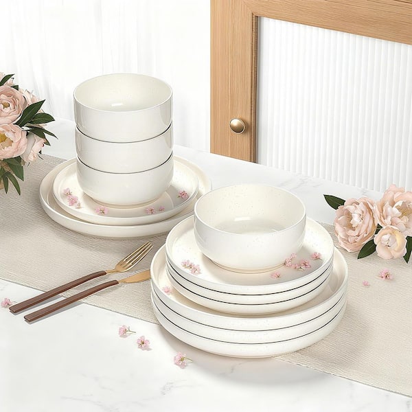 Wudkey 12 Pieces Cream White Ceramic Dinnerware Sets for 4, Plates