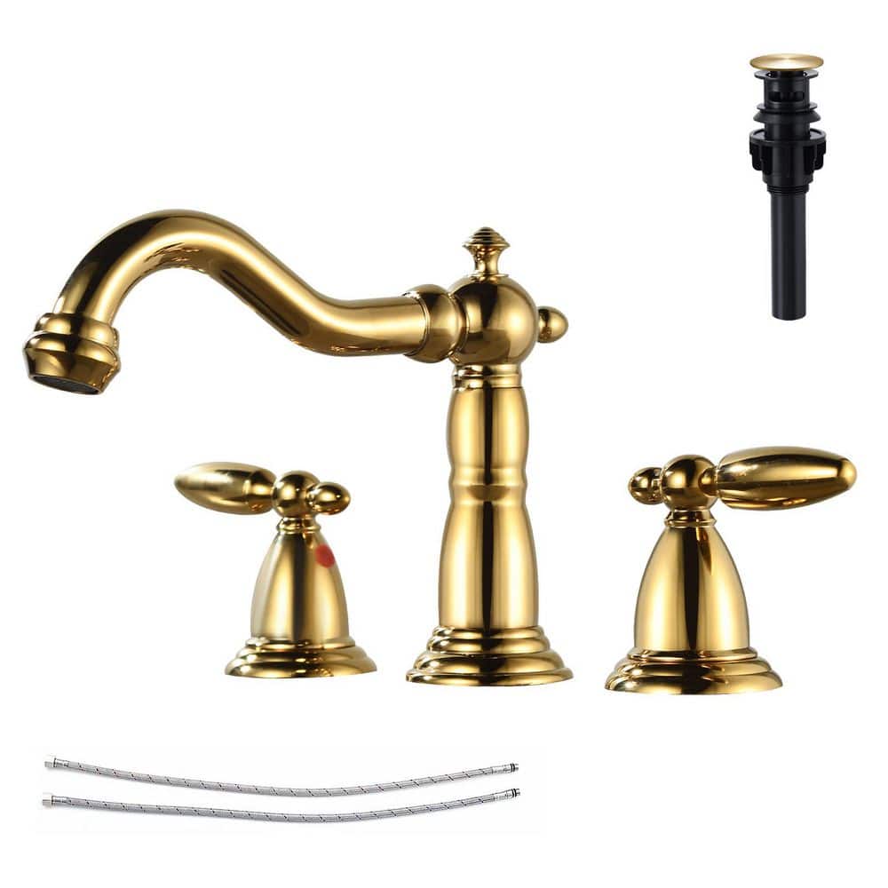 2 Handles 8 in. Widespread Bathroom Faucet 3-Hole Bathroom Sink Faucet With Pop-up Drain in Polished Gold price history on PriceWatchPro