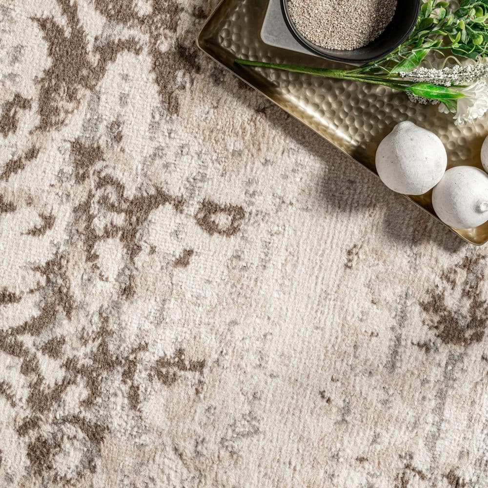 Beige Floral Synthetic Rectangular Area Rug 6' 7" x 9'