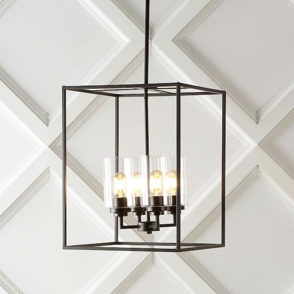 JONATHAN Y Everly 15.5 in. 4-Light Industrial Farmhouse Iron/Glass LED Pendant, Oil Rubbed Bronze