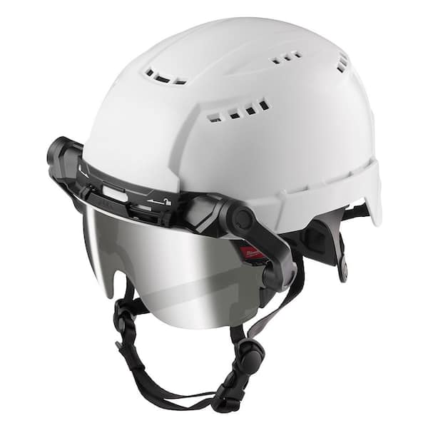 BOLT Mirrored Dual Coat Lens Eye Visor with BOLT White Type 1 Class C Full Brim Vented Hard Hat