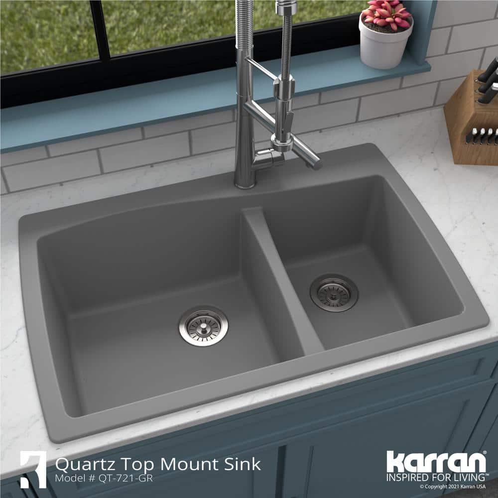 Gray Quartz Composite 34'' Double Bowl Kitchen Sink