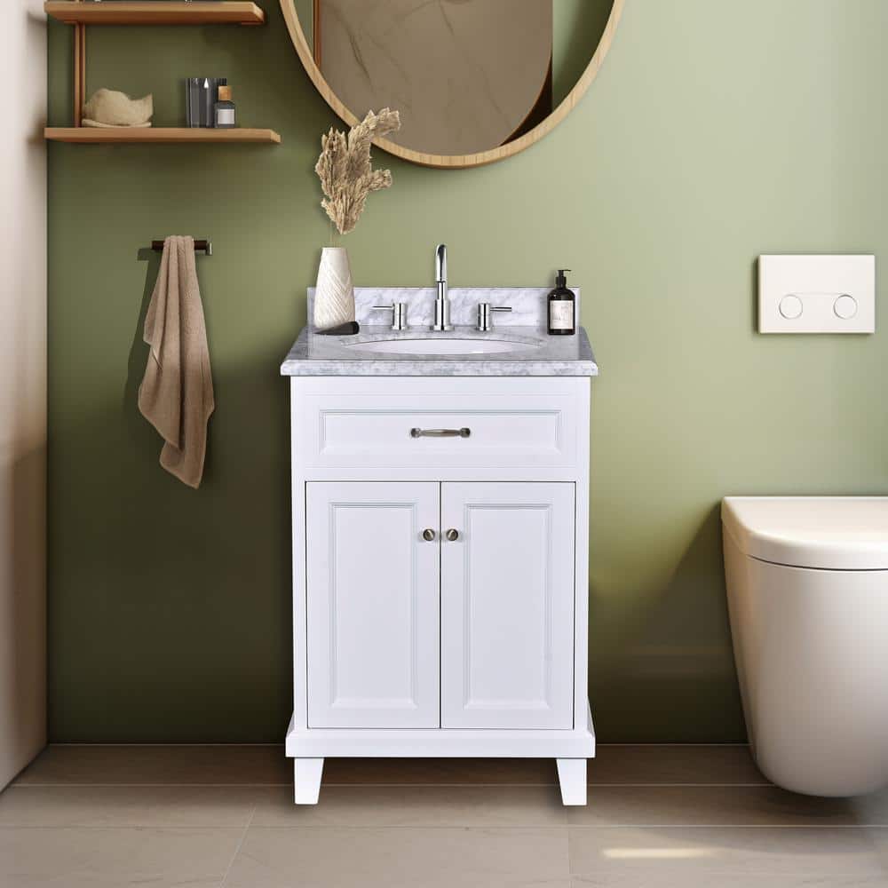 24" White Solid Wood Bathroom Vanity with Carrara Marble Top
