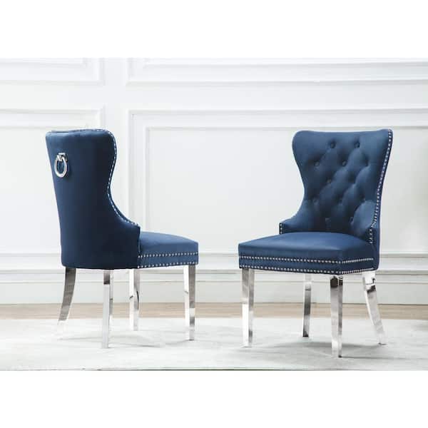 Best Quality Furniture Pam Navy Blue Velvet Upholstered Side Chair with Stainless Steel (Set of 2)