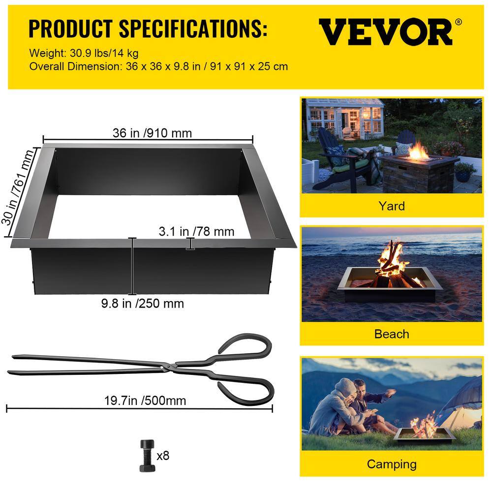 Black Steel Free-Standing Fire Pit Ring with Tongs