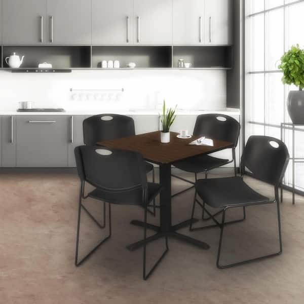 Cain 42 in. Neo Walnut Square Breakroom Table Desk and 4-Zeng Stack Chairs-Black