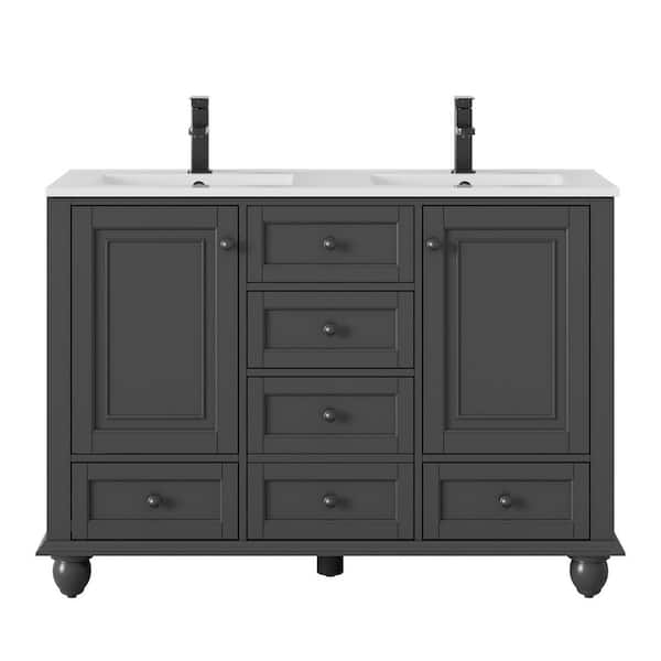 48 in. W. x 18.1 in. D x 34 in. H 2-Sink Freestanding Bath Vanity in Gray with White Resin Top and Drain Faucet Set