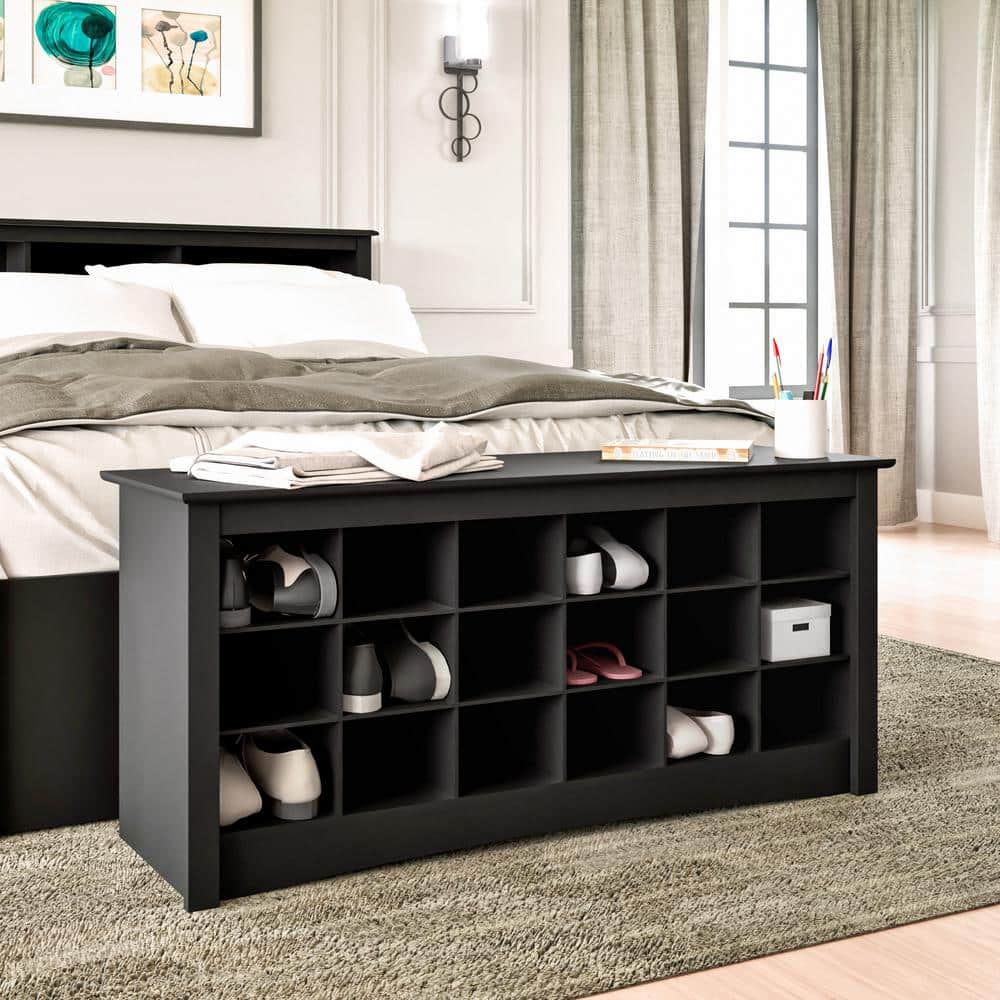 Black Wooden Shoe Storage Cubbie Bench with 18 Compartments