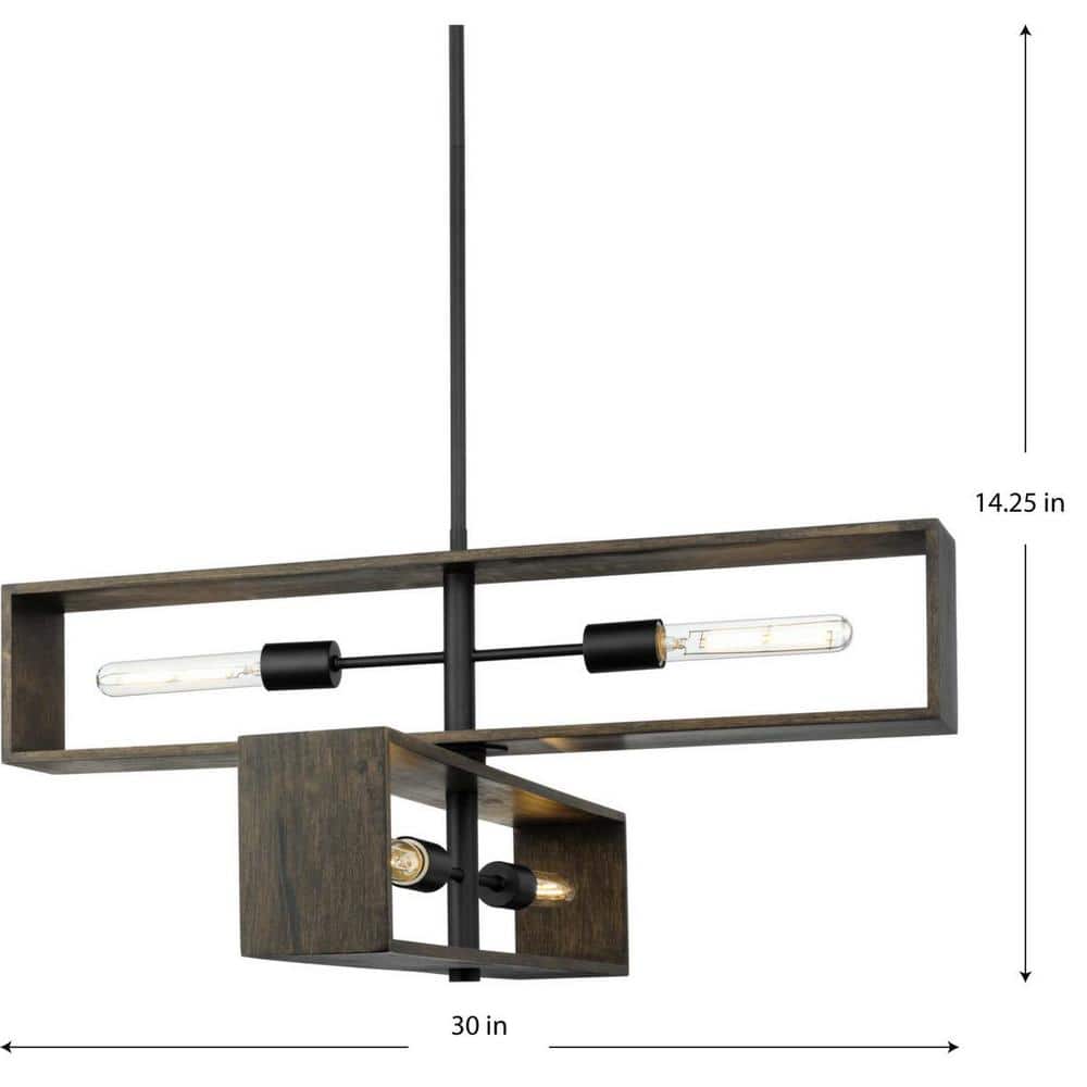 Matte Black and Wood 4-Light Geometric Chandelier
